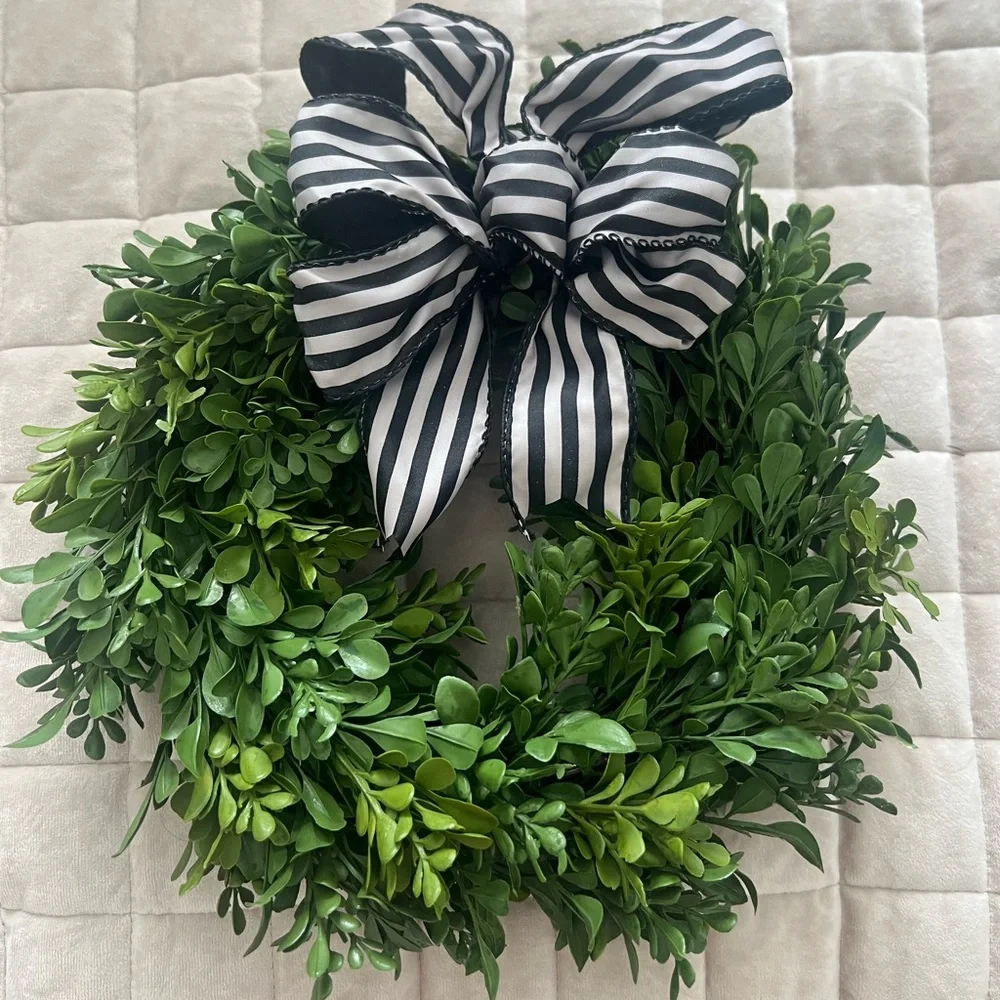 Classic Green Boxwood Wreath with Black & White Stripe Bow